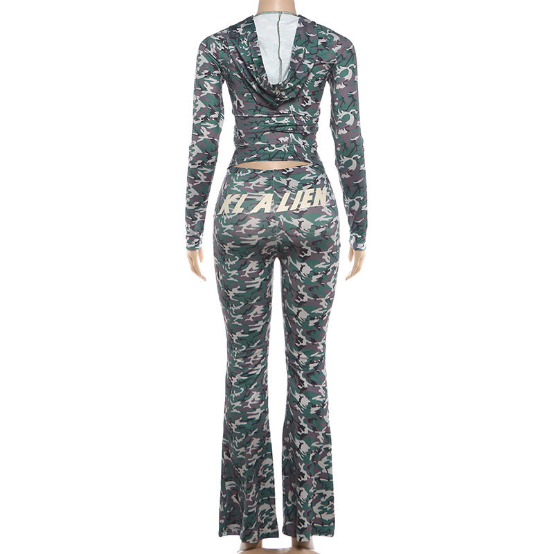 MB1830 Women's Leopard Print Zip Up Hoodie & Flared Pants 2 Piece Set