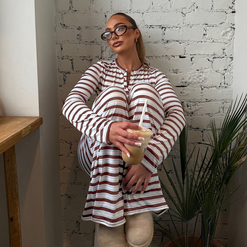 MB1425 Striped Loungewear: Long Sleeve Top + Wide Leg Pants