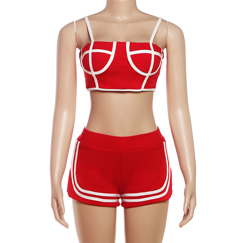 MB1803 Women's Cropped Jacket + Strappy Crop Top + High-Waisted Shorts Three-Piece Outfit