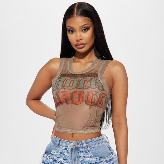 MB1026 Mesh Crop Top with Rock and Roll Print