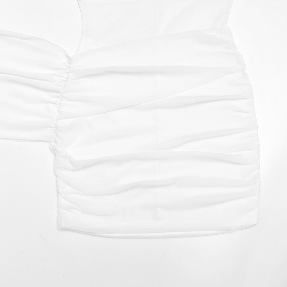 MB1316 Sheer Mesh Long Sleeve Ruched Mini Party Dress for Women