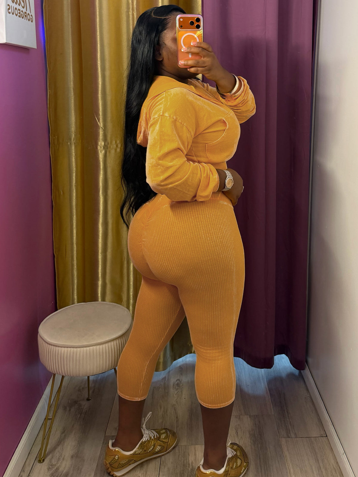MB1734 Washed Ribbed Cropped Hoodie & Scrunch‑Butt Capri Leggings 2‑Piece Set