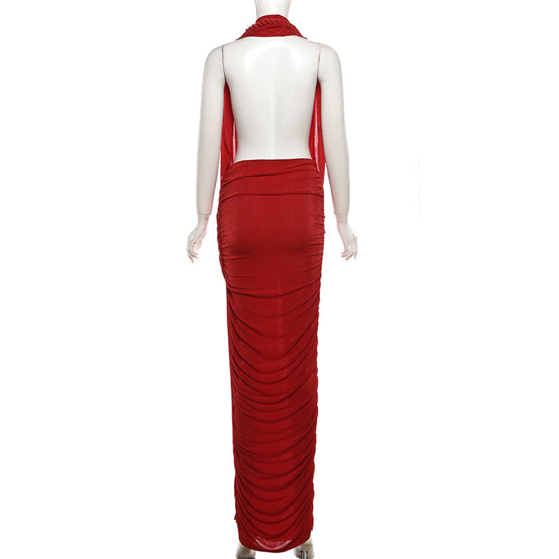 MB1533 Women's Halter Neck Ruched Maxi Dress