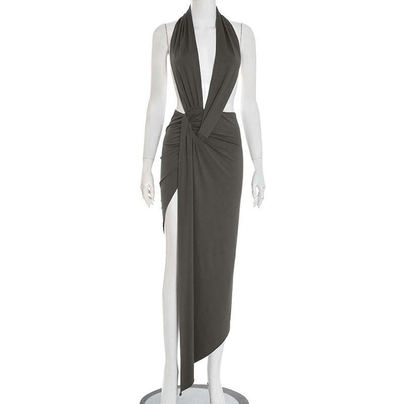 MB10133 Women's Charcoal Halter Twist Cutout Ruched Dress