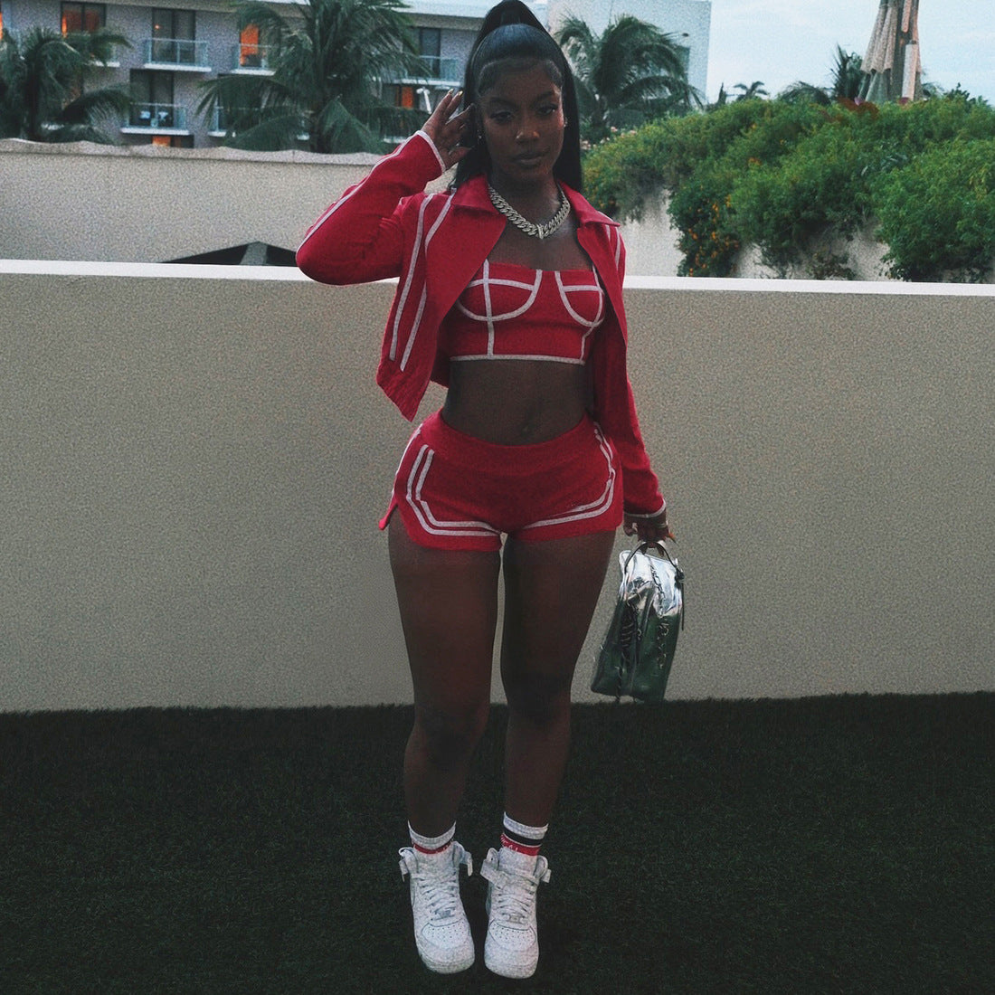 MB1803 Women's Cropped Jacket + Strappy Crop Top + High-Waisted Shorts Three-Piece Outfit