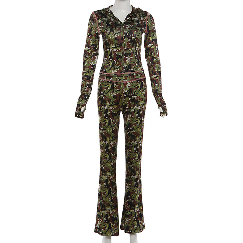 MB1165 Camouflage Print Hooded 2 Piece Outfit | Flare Pants & Zip-Up Tracksuit