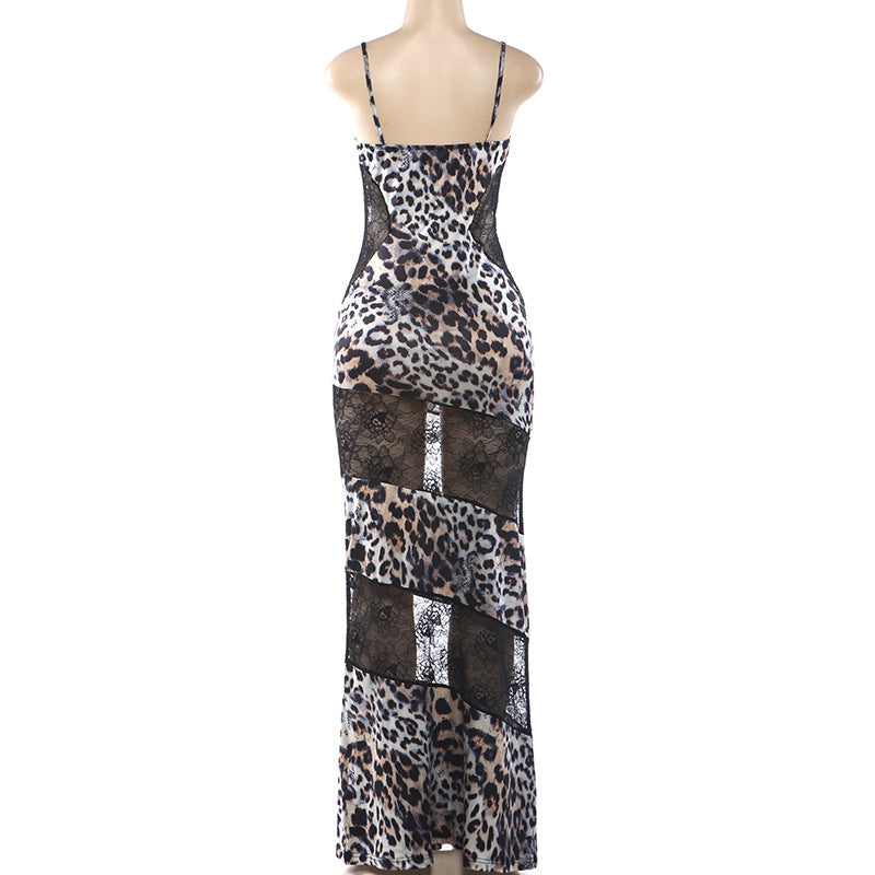 MB1832 Women's Leopard Print Lace Insert Spaghetti Strap Maxi Dress