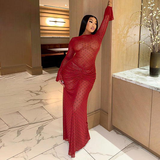 MB1417 Red Polka Dot Flared Sleeve Maxi Dress for Women