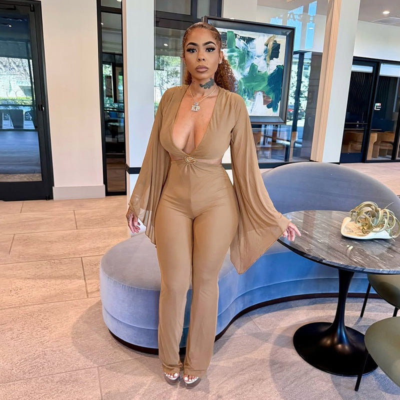MB10203 Women Sheer Mesh Bell‑Sleeve Jumpsuit