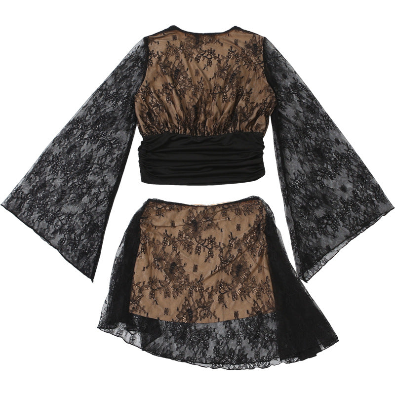 MB1141 Black Sheer Deep V Crop Top & Mini Skirt for Women