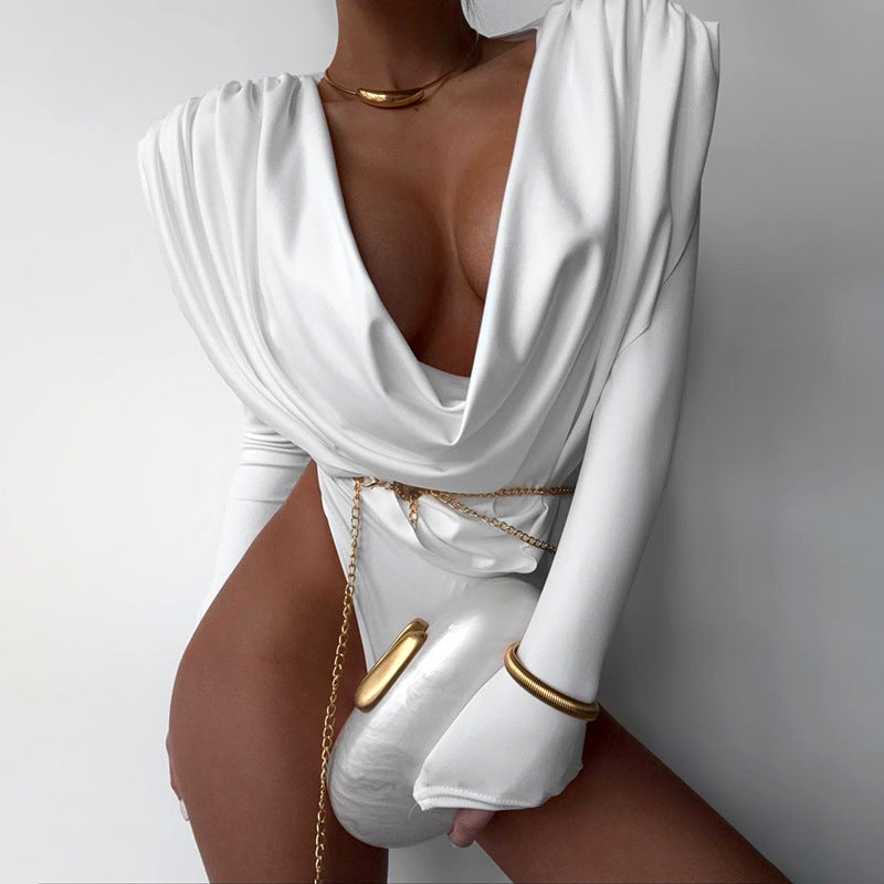 MB1831 Women's Deep V Neck Long Sleeve Bodycon Bodysuit