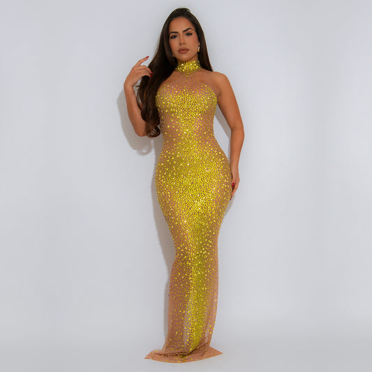 MB1623 Women's Sheer Mesh Gold Rhinestone Gown