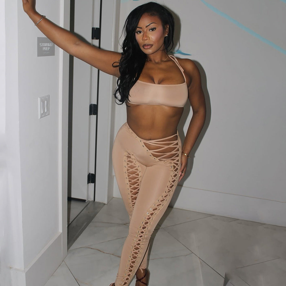 MB1807 Women's Nude Halter Bandeau Crop Top & Waist-Leg Lace-Up High-Waist Leggings Two-Piece Outfit