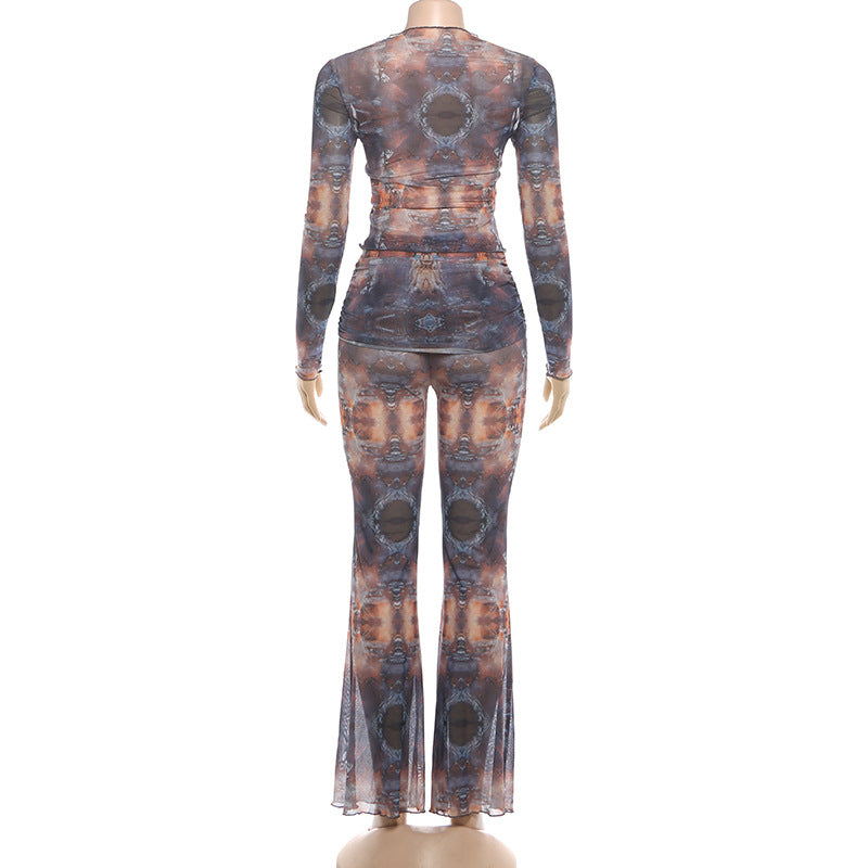 MB1826 Women's Sheer 2 Piece Set - Long Sleeve Top & Flared Mesh Pants
