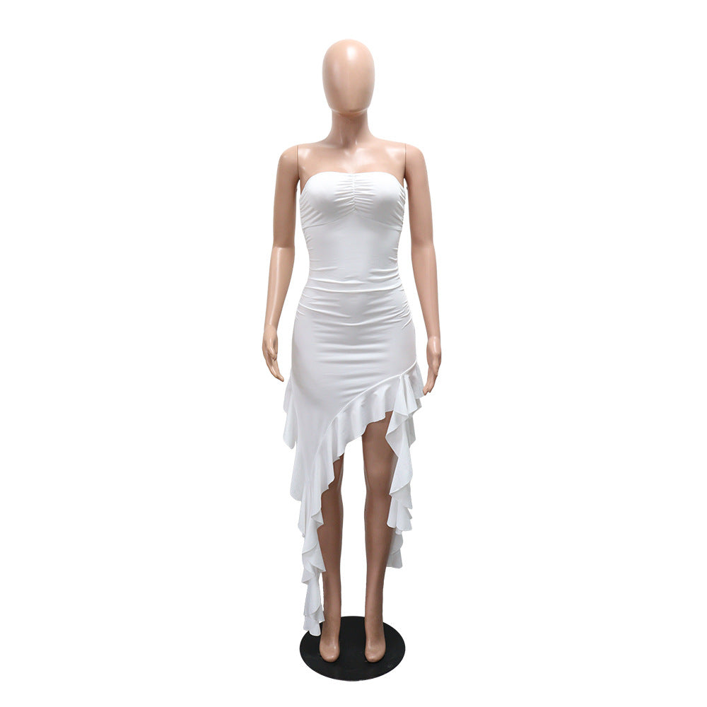 MB1228 White Strapless Ruffle High Low Bodycon Mini Dress | Ruched Party Dress