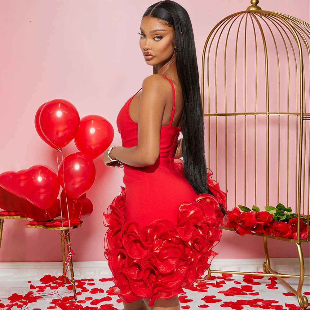 MB1213 Women's Deep V Ruffle Hem Mini Dress