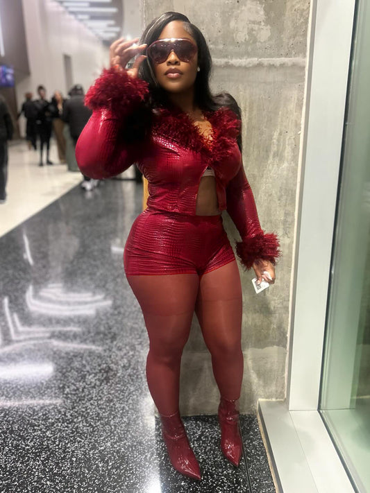 MB1726 Red Crocodile Print Faux Fur Trim 2 Piece Short Set | Cropped Jacket & Shorts