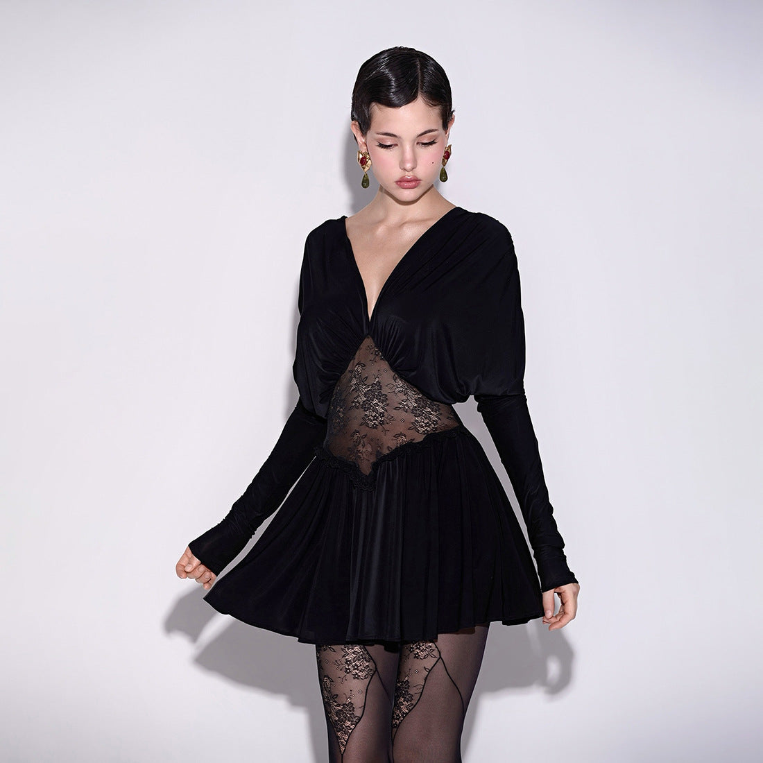 MB1126 Black Lace Long Sleeve Mini Dress
