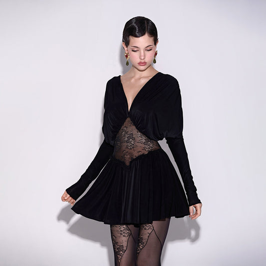 MB1126 Black Lace Long Sleeve Mini Dress