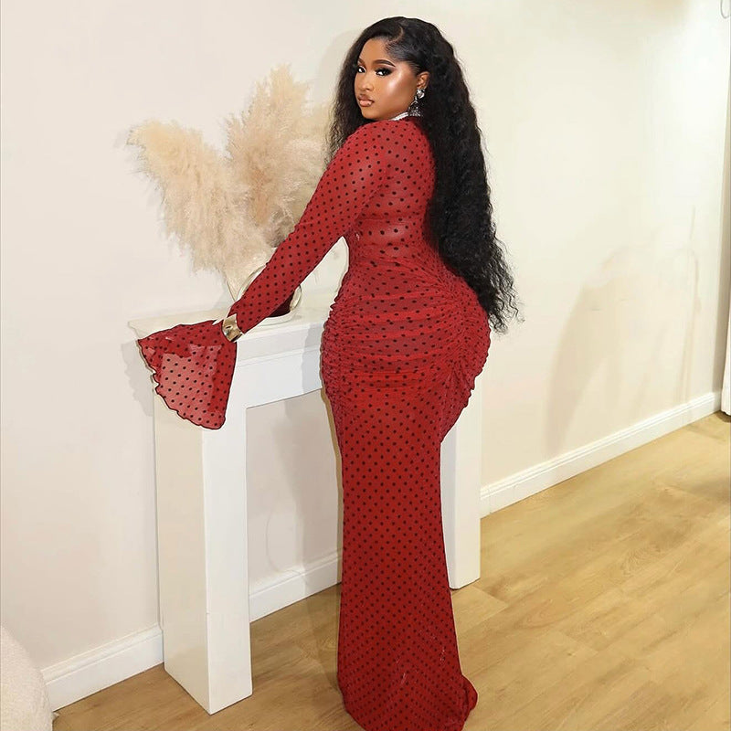 MB1417 Red Polka Dot Flared Sleeve Maxi Dress for Women