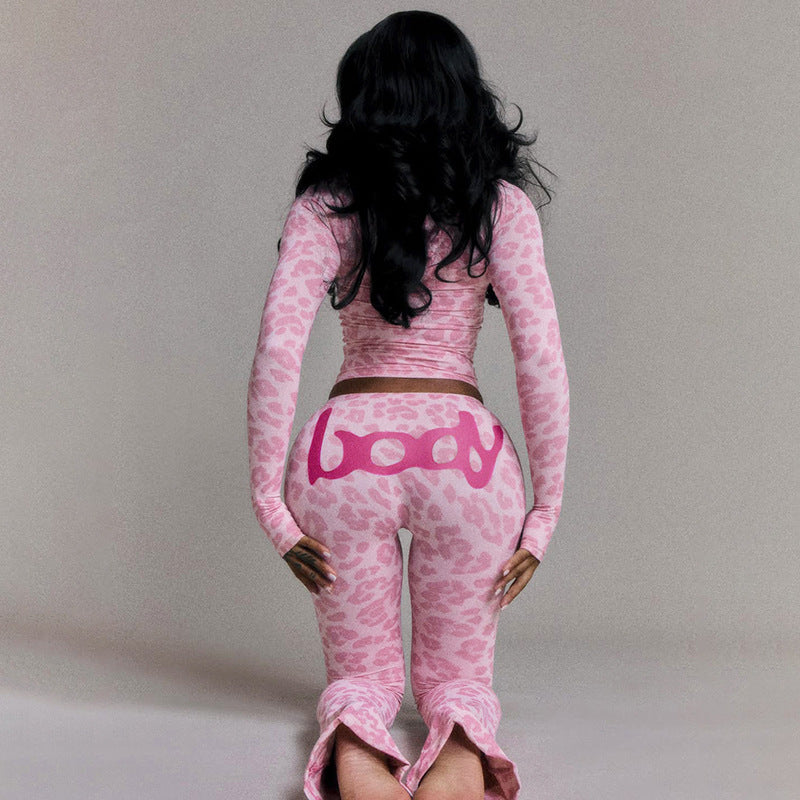 MB1802 Women's Leopard Print Hooded Top & Slim-Fit Pants Two-Piece Set