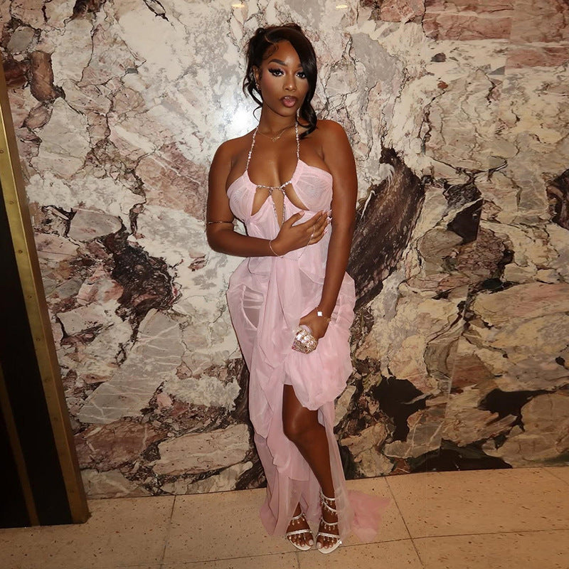 MB1530 Women's Sheer Mesh Halter Neck Cut Out Maxi Dress