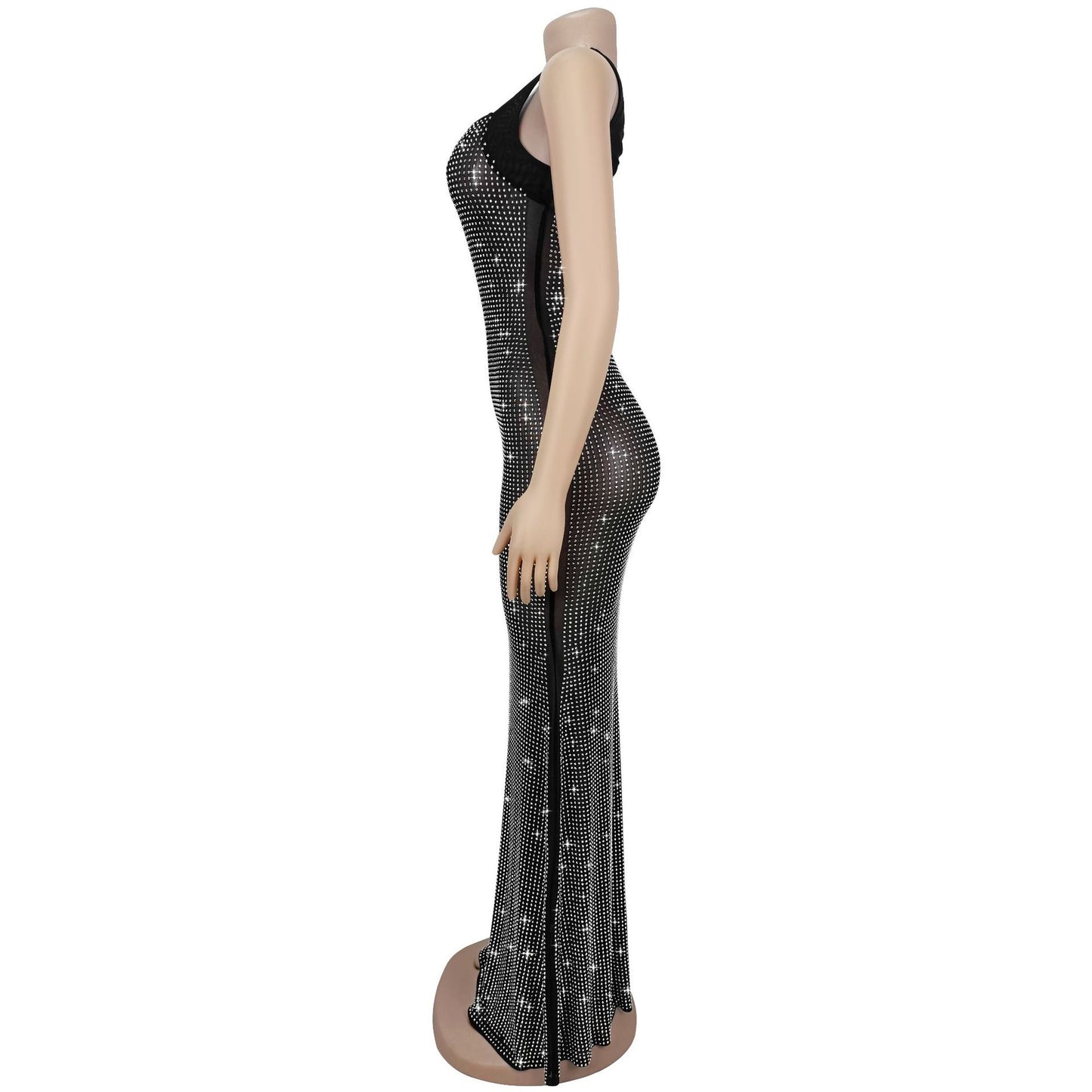 MB1605 Sheer Mesh Rhinestone Bodycon Maxi Dress