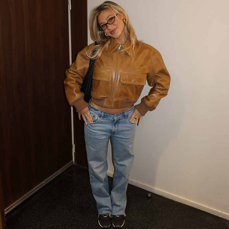 MB1137 Tan Cropped PU Leather Bomber Jacket with Cargo Pockets