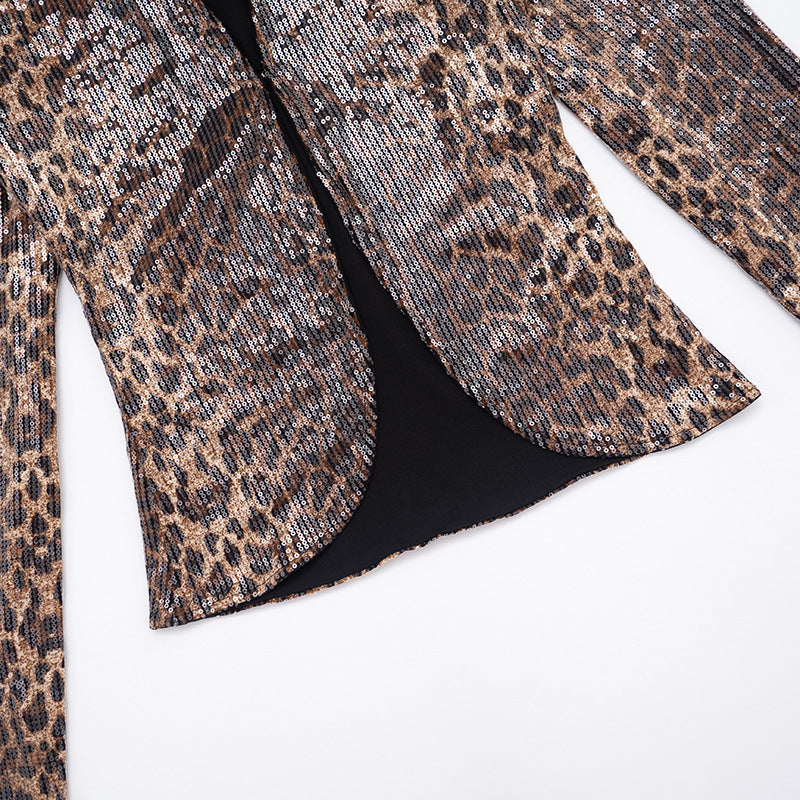 MB10123 Leopard Sequin Two Piece Set - Long Sleeve Blazer & High Waist Shorts