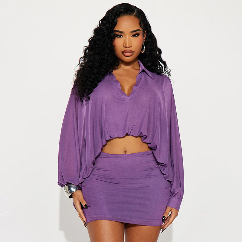 MB1401 Sheer Mesh Collared Crop Top & Mini Skirt 2-Piece Set