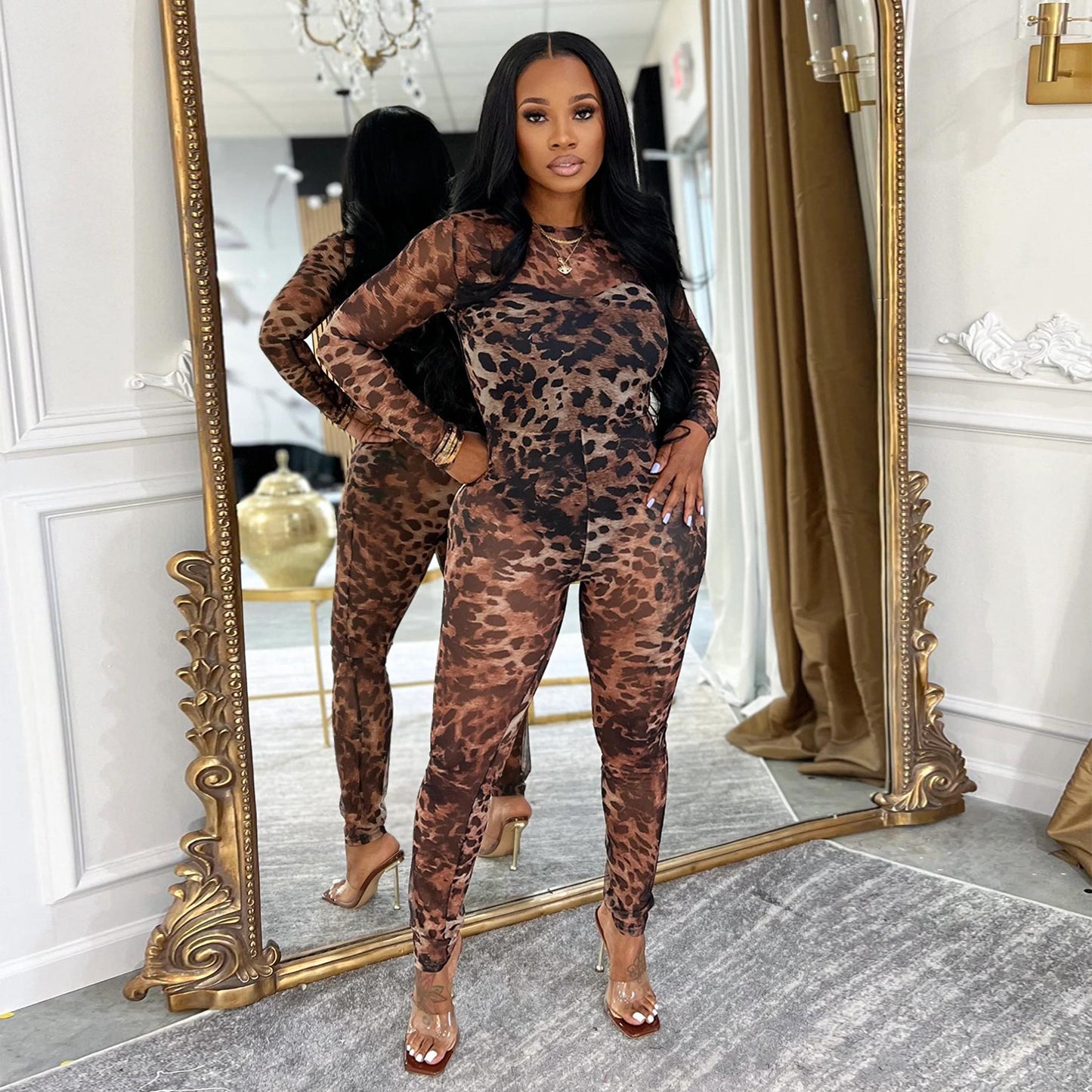 MB1607 Taupe Leopard Print Sheer Mesh Bodycon Jumpsuit