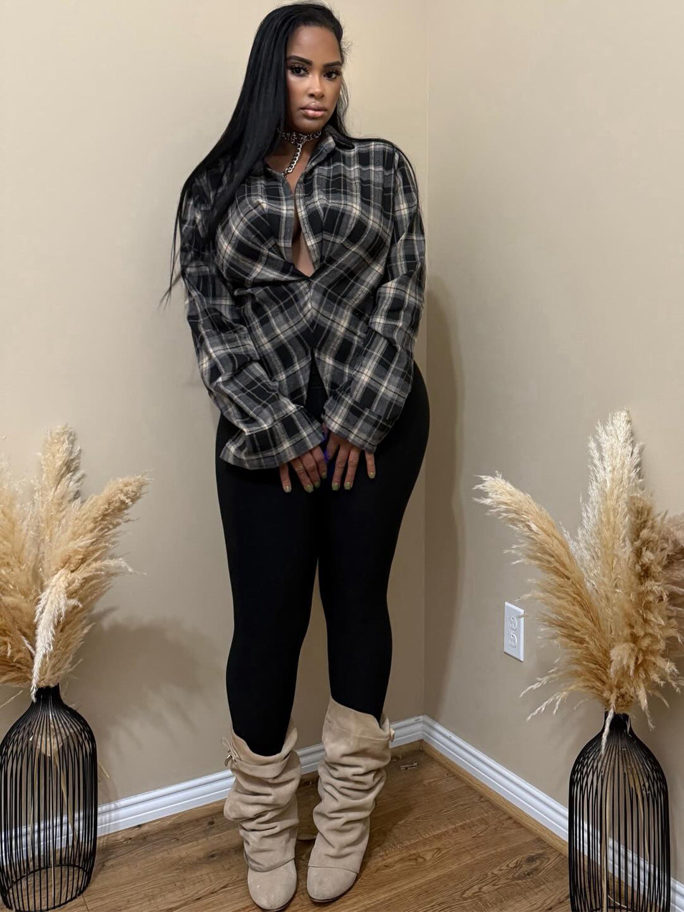 MB1718 Women’s Plaid Deep V-Neck Long Sleeve Shirt