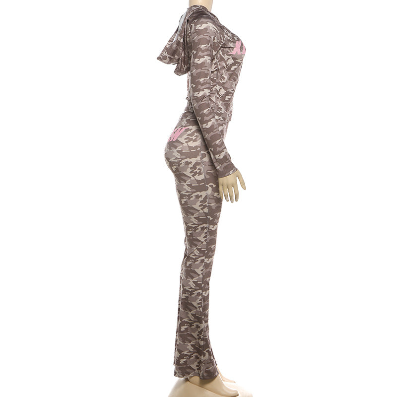 MB1830 Women's Leopard Print Zip Up Hoodie & Flared Pants 2 Piece Set