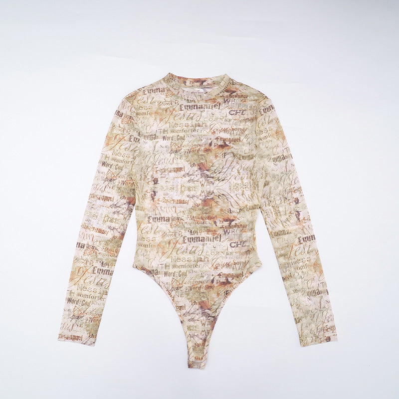 MB10124 Vintage Text Print Sheer Mesh Two Piece Set - Bodysuit & Skinny Pants