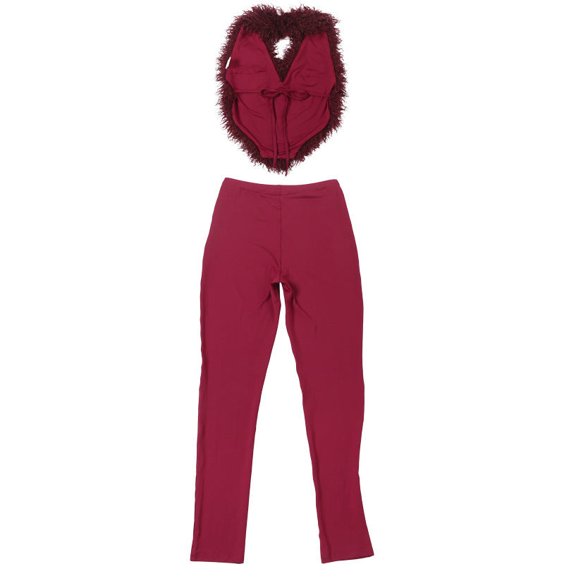 MB1801 Women's Faux Fur Trim Top & High Waist Leggings Two-Piece Outfit