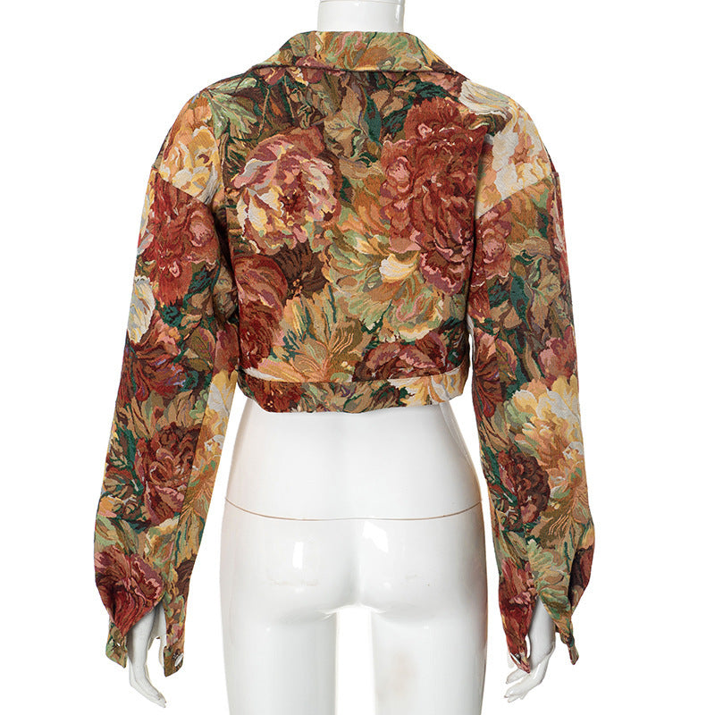 MB10105 Vintage Floral Jacquard Crop Collared Jacket