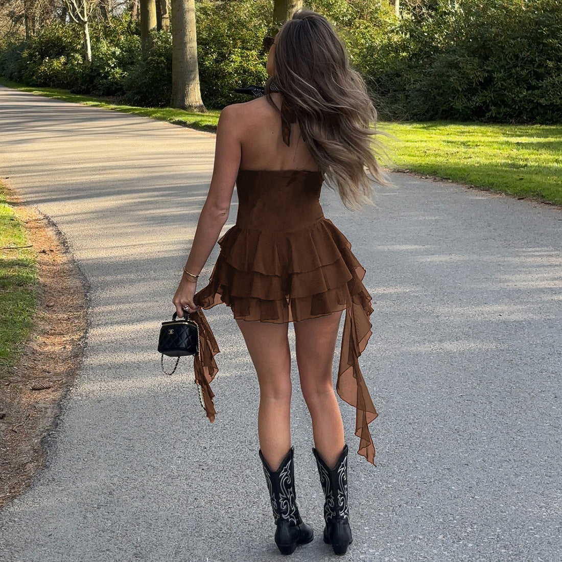 MB1318 Halter Neck Deep V Mesh Ruffle Romper