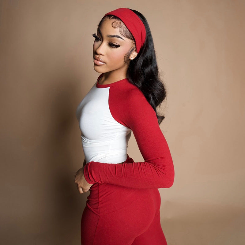 MB1820 Color Block Top & Flare Pants 2 Piece Set with Headband