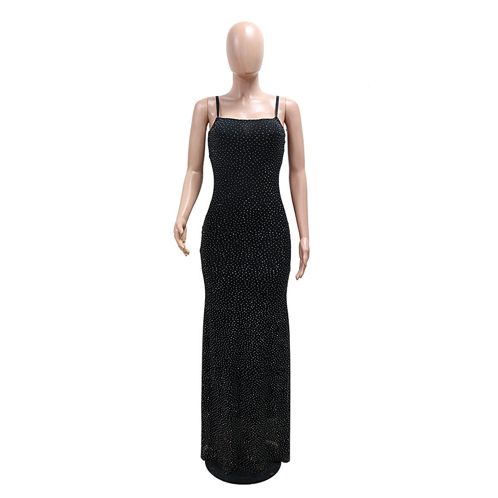 MB1225 Rhinestone Spaghetti Strap Bodycon Maxi Dress