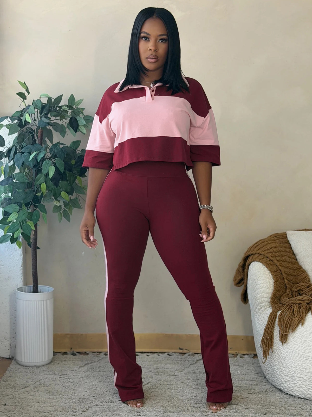 MB1736 Color‑Block Cropped Polo Top & Side‑Stripe Flare Pants 2‑Piece Set