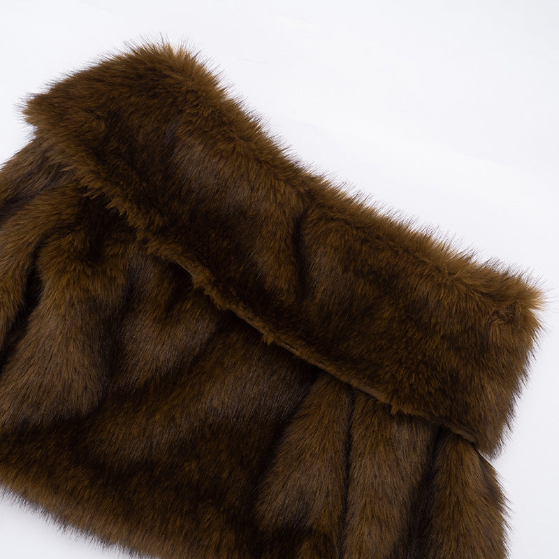 MB10113 Brown Faux Fur Off-The-Shoulder Cropped Top