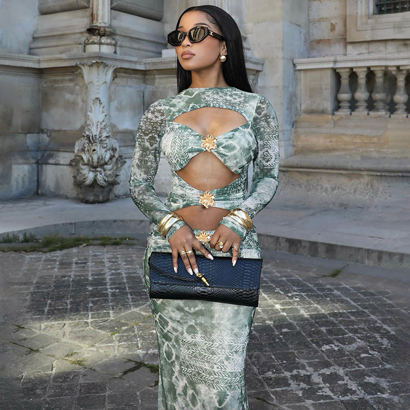 MB10114 Green Tie-Dye Cutout Maxi Dress