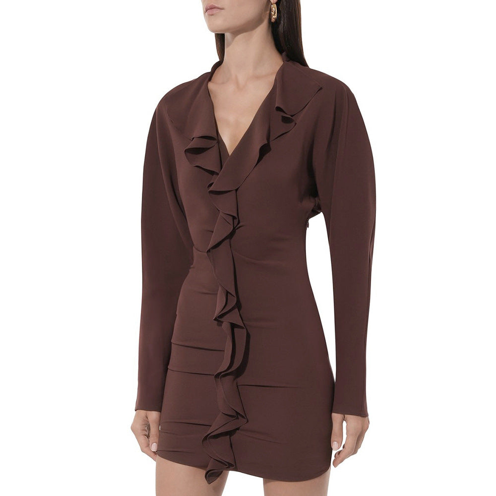 MB1312 Chocolate Brown V-Neck Ruffle Bodycon Mini Dress