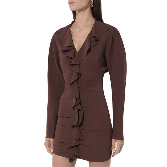 MB1312 Chocolate Brown V-Neck Ruffle Bodycon Mini Dress
