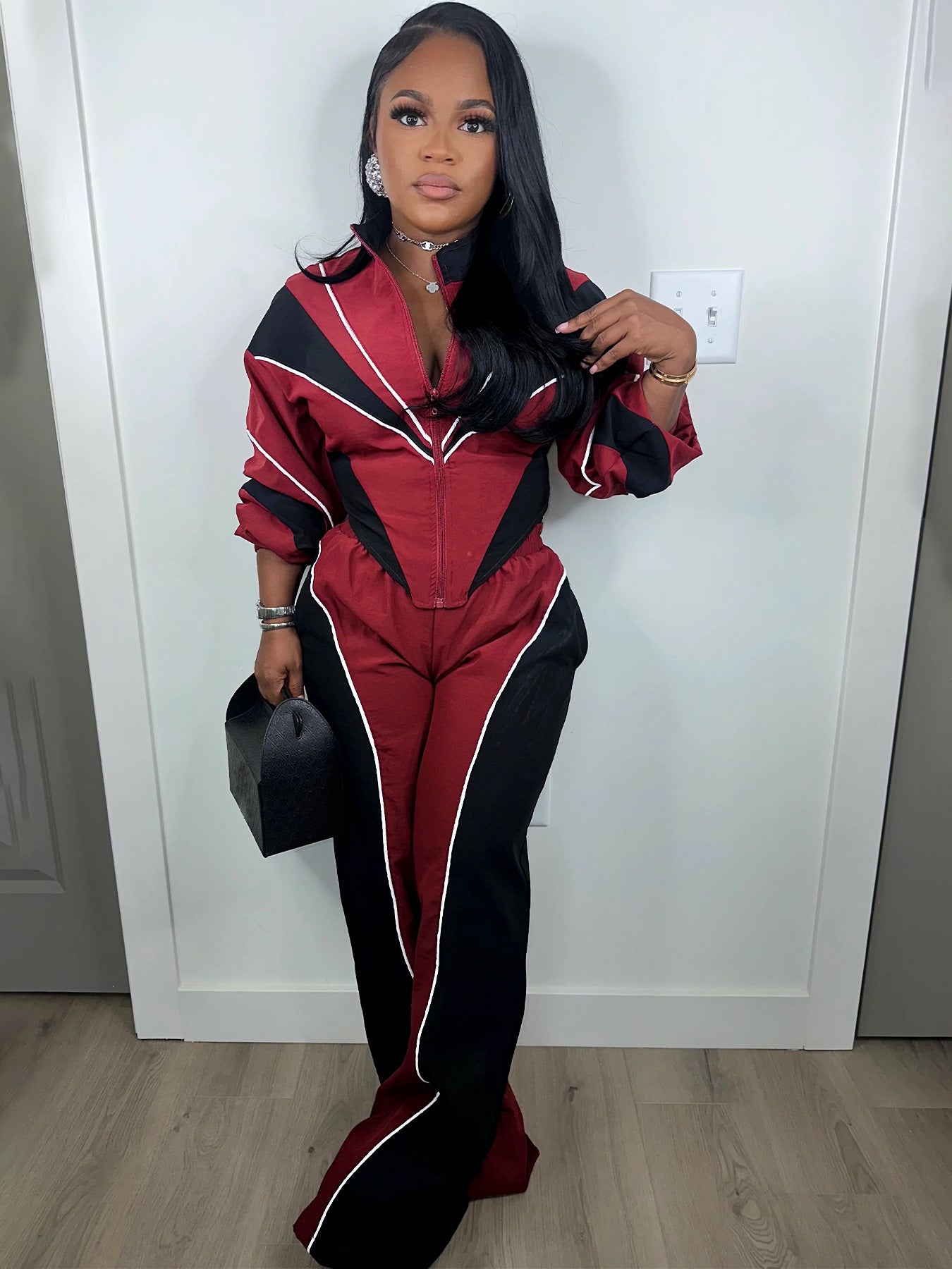 MB1705 Color Block Crop Jacket & Wide Leg Pants Two-Piece Set for Women