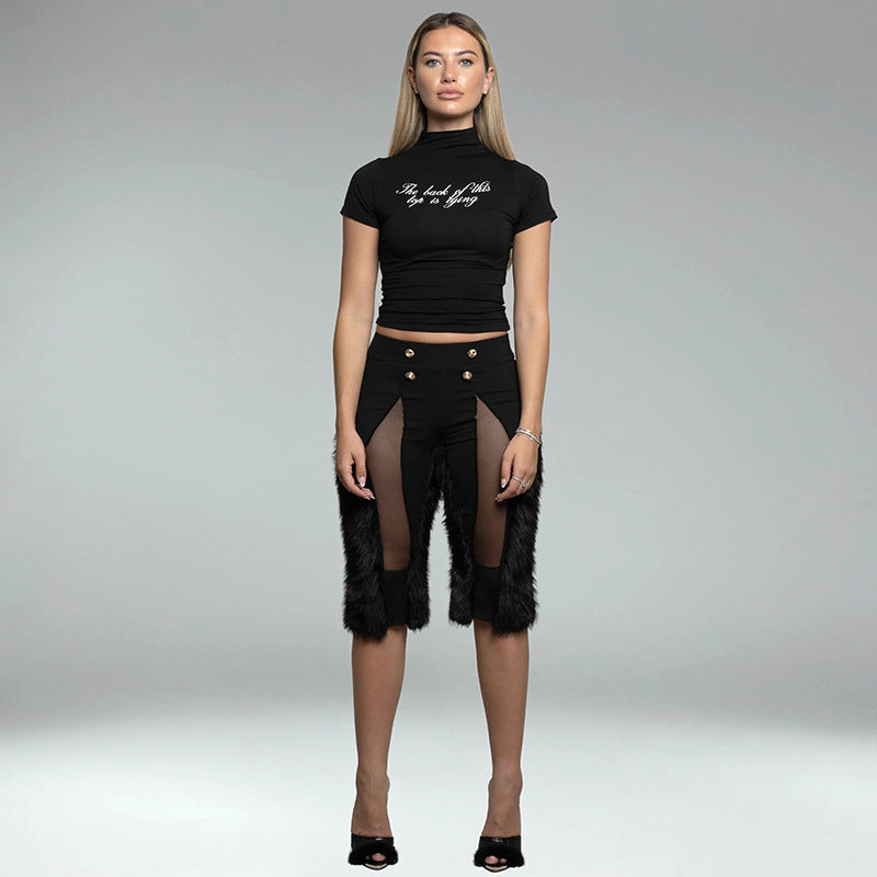 MB10101 High-Waist Sheer Mesh & Faux Fur Trim Pants