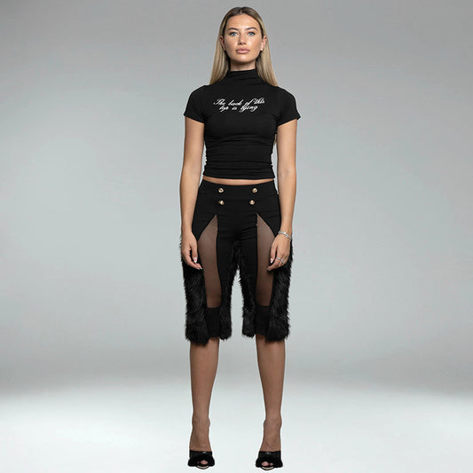 MB10101 High-Waist Sheer Mesh & Faux Fur Trim Pants