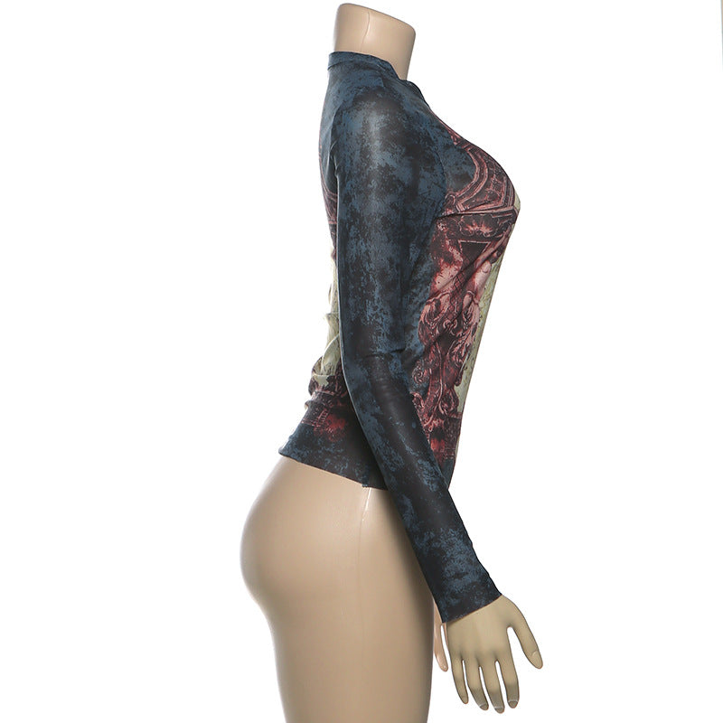 MB1138 Vintage Print Long Sleeve Mesh Top