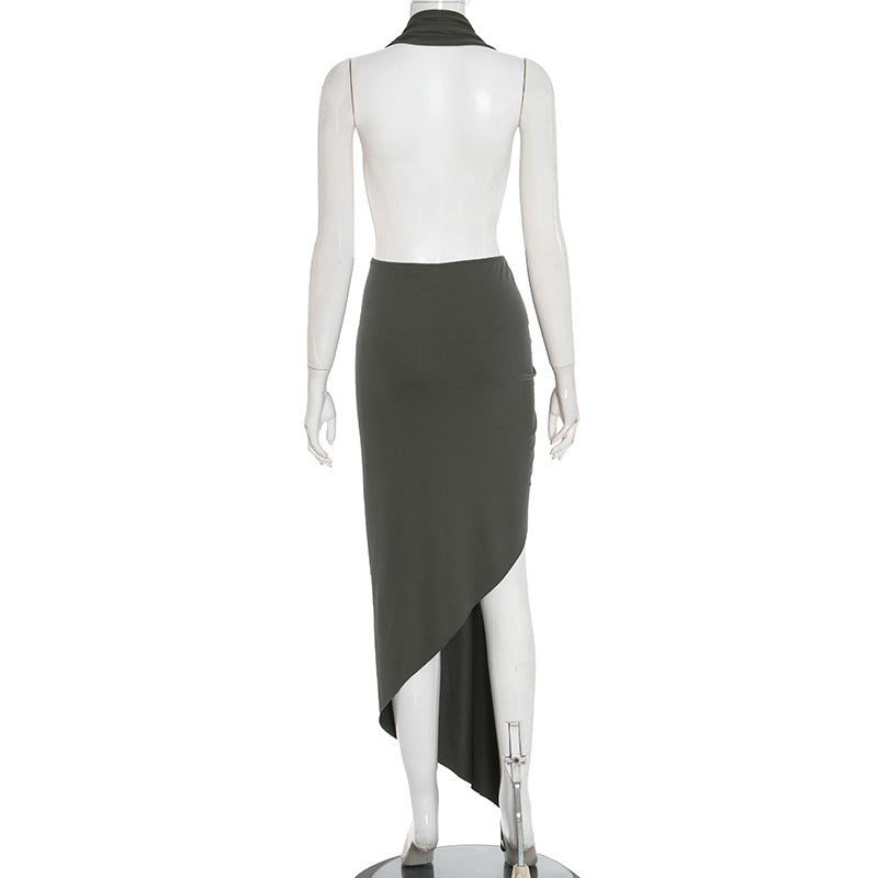 MB10133 Women's Charcoal Halter Twist Cutout Ruched Dress