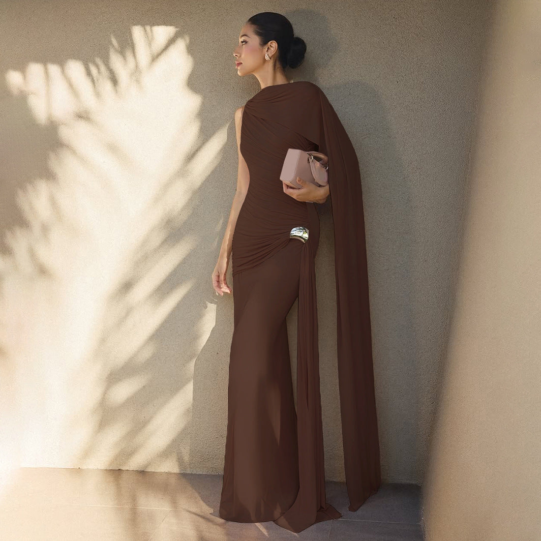 MB1155 Ruched Cape Maxi Dress for Women